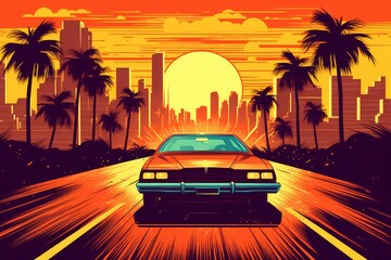 Fototapeta na wymiar Summer vibes 80s style illustration with car driving into sunset. Generative AI 4