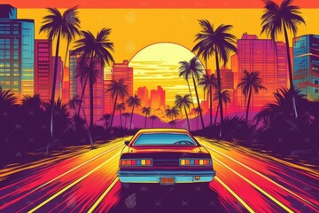 Fototapeta na wymiar Summer vibes 80s style illustration with car driving into sunset. Generative AI 8