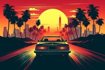 Fototapeta na wymiar Summer vibes 80s style illustration with car driving into sunset. Generative AI 10