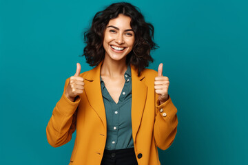 Woman giving thumbs up while wearing blazer and black pants. Generative AI.