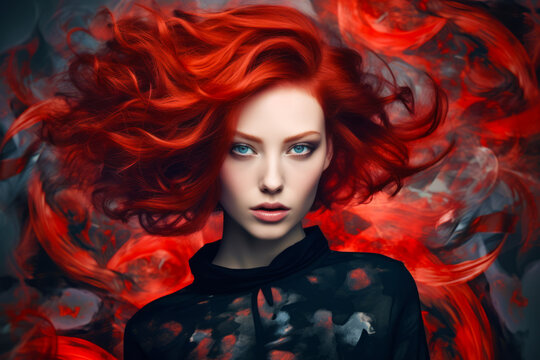 Woman with red hair and blue eyes is looking at the camera and has her hair blowing in the wind. Generative AI.