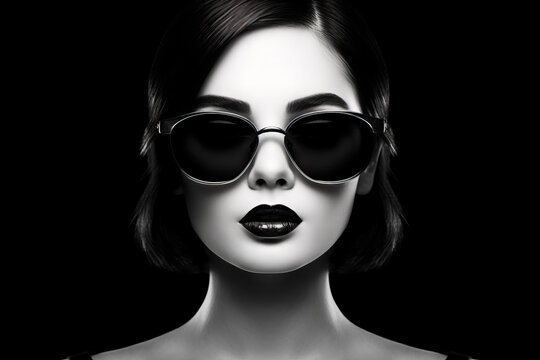 Woman with black lipstick and sunglasses on her face, with black background. Generative AI.