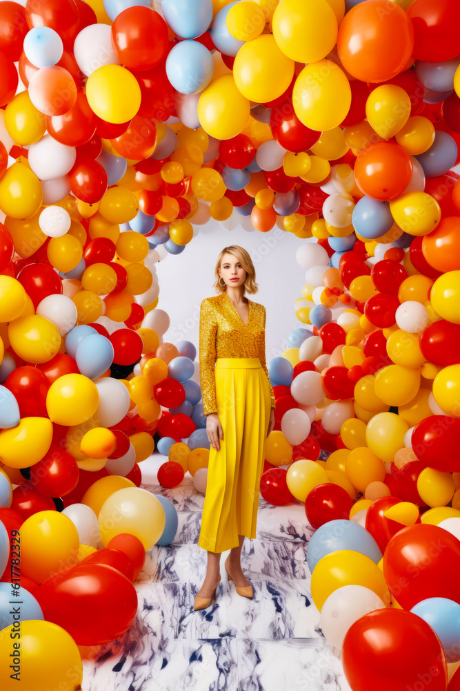 Sticker Woman in yellow dress standing in room filled with colorful balloons. Generative AI.