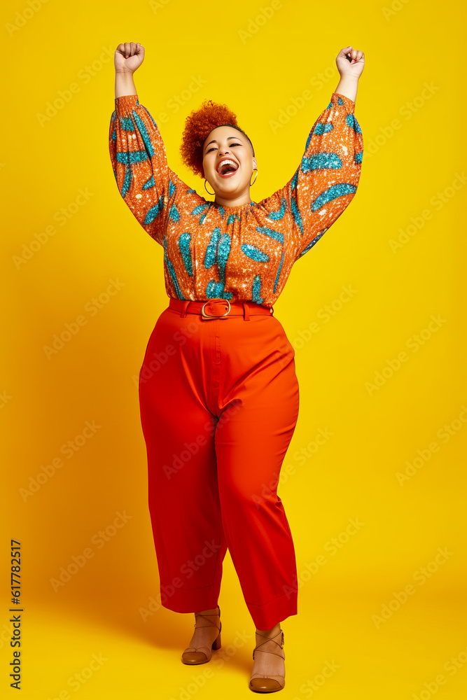 Sticker woman in orange top and red pants with her arms in the air. generative ai.