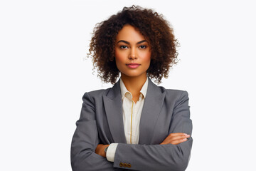 Fototapeta na wymiar Woman in business suit with her arms crossed looking at the camera. Generative AI.