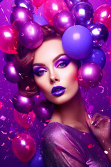 Woman with purple and purple makeup and purple balloons on her head, with purple background. Generative AI.
