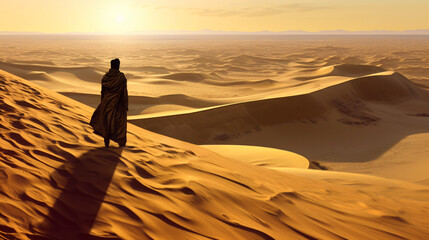 a lonely nomad walking in the desert landscape with dunes and patterns of sand, fictional landscape created with generative ai