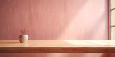 Wooden table and sun light shadow sage green copy space background, AI Generated