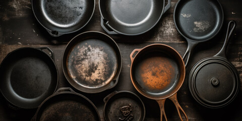 Cast iron cooking pans and utensils, top view 