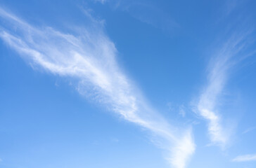 Blue sky and white cirrocumulus clouds texture background. Blue sky on sunny day. Summer sky. Cloud formation. Fluffy clouds. Nice weather in summer season. Weather pattern. Atmospheric phenomenon.