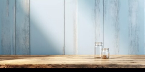 Wooden table and sun light blue wall copy space background, AI Generated