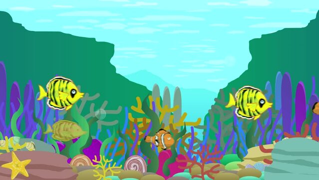 Animation of a seabed with various types of fish, seaweed, starfish, aquarium.