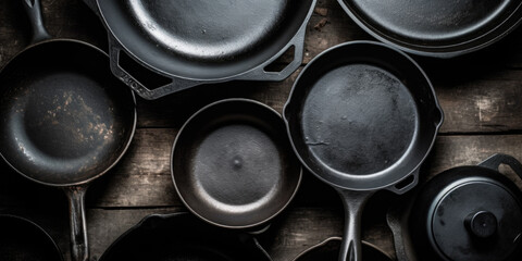 Cast iron cooking pans and utensils, top view 