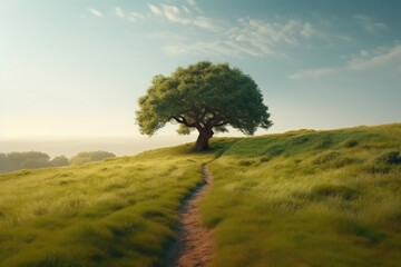 Serene Meadow with Majestic Oak Tree. Generative AI
