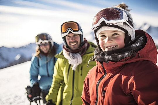 Close up Family enjoy skiing on a sunny winter day. Generative AI