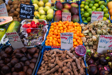 Colorful market stall with boxes with vegetables and fruit in Budapest, Hungary