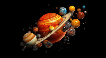 Cosmic Spheres: An artistic representation of our solar system, with planets of various sizes and hues orbiting around the radiant Saturn.