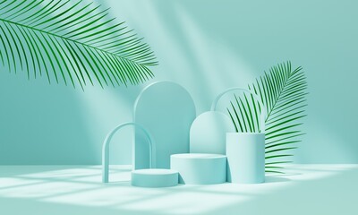 Pastel blue podium for product presentation with palm leaf elements,shade and natural sunlight.3D render illustration