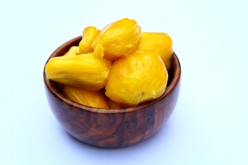  Jackfruit in a wooden bowl on white background 