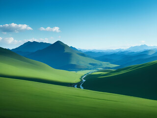 A rolling landscape of emerald hills, with a winding river snaking through the valley genereated by ai
