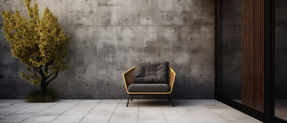 Empty armchair on concrete floor on terrace. Spacious luxury hotel apartment, villa, room with beautiful view.Loft,modern interior design mockup. Vacation, spa, resort concept. Minimal. Generative  ai
