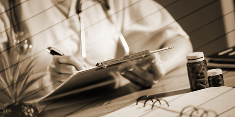 Female doctor taking notes on clipboard, geometric pattern