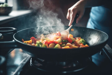 Woman preparing asian food in wok pan at home, close up - obrazy, fototapety, plakaty