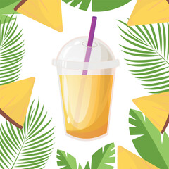 Pineapple juice or cocktail in plastic cup with sphere dome cap and cocktail tube. Fresh squeezed juice. Healthy organic food. Vector illustration on white background and frame with tropical leaves.