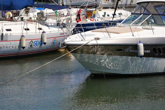 Limanu, Constanta - June 2023: Landscape photo with a lot of yachts and ships in the marina bay during a sunny day with bue sky