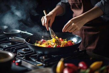 Woman preparing asian food in wok pan at home, close up