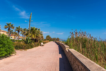 Panorama of Mediterranean Sea from San Leone Promenade, Agrigento, Sicily, Italy, Europe