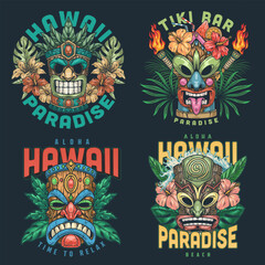 Hawaiian masks set flyers colorful