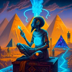 concept art afropunk oil paintingthe god thoth god by the nile river ancient monks meditating on top of mountains spiritual art neon chakra energies chakra energies Rising group meditation  - obrazy, fototapety, plakaty
