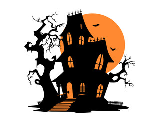 Halloween illustration with silhouette of house at glowing moon and dead trees, bats.