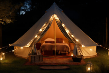 luxury travel nature camping vacation light canvas glamping forest tent. Generative AI.