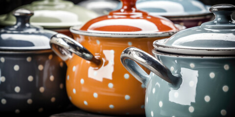  Colorful enamel cooking pots with dots