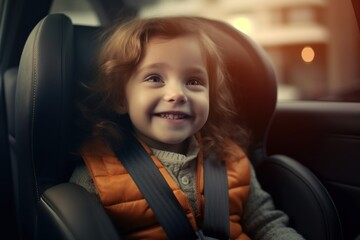 Happy girl in child car seat wearing seat belt while driving car.