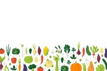 Vegetable mix down border. Colorful unregular background concept with copy space. Veggies banner for local farmers market. Template design isolated. Farm products hand drawn flat vector illustration