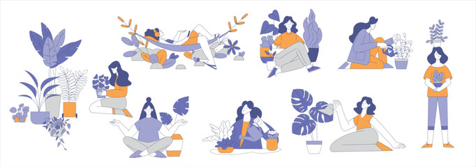 Happy Woman Character with Growing Plant Enjoying Rest Vector Set