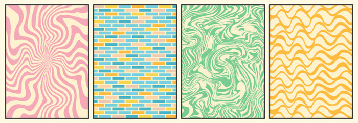 Groovy backgrounds set. Retro groovy texture. 60s and 70s style. Hippie backgrounds. Psychedelic funky abstract. Groovy poster template. Nostalgia for the 70s.