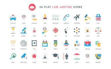Lawyer and judge from government court building, jail and handcuffs for criminal, sheriff and police badge. Legal system, law and justice trendy flat icons set vector illustration