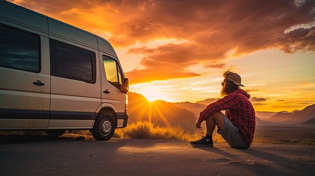 Man watching a beautiful sunset beside a camper van. solo traveler concept