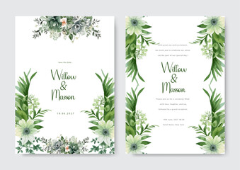 White flower floral vector elegant green leaves wedding invitation card template