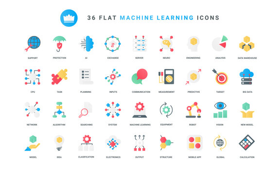 Algorithms and automatic smart processes of AI communication, circuit in digital robot brain, future technology. Machine learning, data analysis trendy flat icons set vector illustration