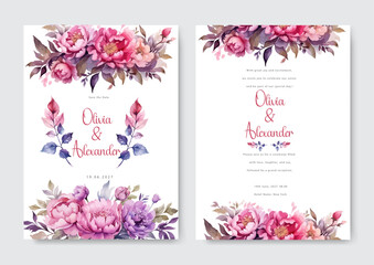 Set of beautiful rose elegant pink and purple watercolor flower wedding invitation design template