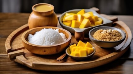 Fototapeta na wymiar mango and rice with wooden table