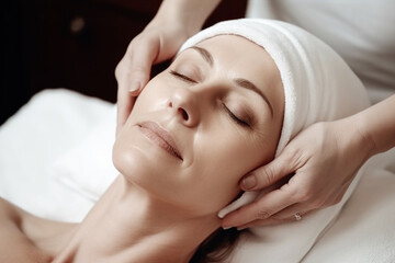 Fototapeta na wymiar Woman enjoying anti-age face massage at the beauty salon