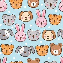Delight in the charming world of adorable animals with this cute hand-drawn seamless pattern. Featuring bears, rabbits, tigers, and dogs in a vibrant and playful flat style.