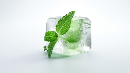 mint frozen in an ice cube on a white background - Generative AI technology