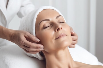 Woman enjoying anti-age face massage at the beauty salon
